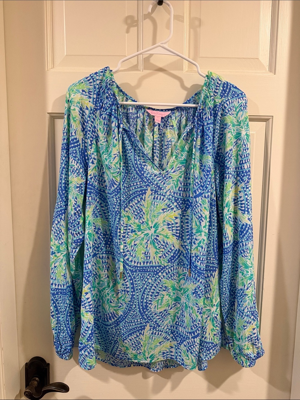 Lilly Pulitzer Blue & Green Printed Long-Sleeve V-Neck Blouse, Size L